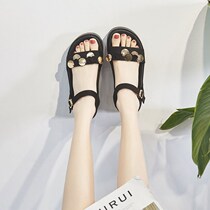 Hong Kong Summer 2020 New thick-soled sandals womens muffin a word buckle sequin retro chic flat Roman shoes