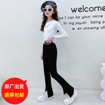 Girl Pants Spring Dress 2022 New CUHK Girl Han Edition Fashion Foreign Air Tightness Waist Open Fork Horn Long Pants