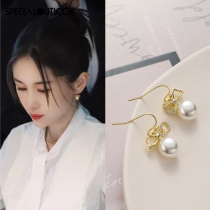 Wang Ziwen same summer bow earrings female 2021 New Tide sterling silver pearl earrings 2020