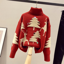 High-collar thick sweater female pullover autumn and winter this year red Christmas little elk alone wearing loose lazy wind