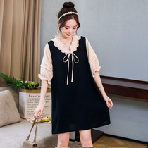 Foreign maternity dress summer dress 2021 new fashion summer fake two-piece shirt long bubble sleeve thin