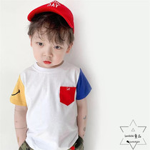 LANIKIki Summer new male and female child collage striped smiley face short sleeve minimalist color pure cotton T-shirt spot