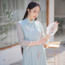 Original Chinese style womens literature and art retro modified Cheongsam skirt Chinese style stand-up collar girl lace dress