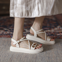 Sandals women summer flat bottom 2022 new student web red 100 hitch cakes bottom fairy wind gentle and thick underfloor Roman shoes