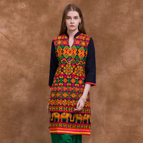 Indian Womens Dress National Wind Blouse Girl Spring Summer Style Embroidery Comfort Breathable Pure Cotton Heterodomain Wind Black Mid-Length