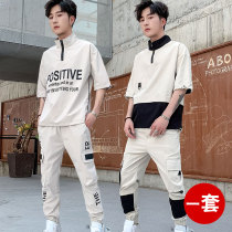 2020 new mens suit short sleeve T-shirt summer Tide brand Korean version trend with casual handsome clothes a set