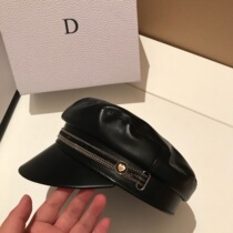 Star with the same black leather hat net red navy hat beret female pu Leather British retro leather octagonal hat