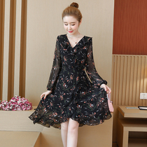 2021 Autumn New Korean version of womens fat mm belly large size foreign dress chiffon print skirt age reduction