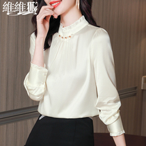 High End Genuine Silk Shirt Woman Long Sleeve 2022 Early Spring New Fine Nail Pearl Upright Collar Mulberry Silk Pure Color Blouse