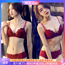 Self-retaining CBW bra set sexy lace embroidery Benming year small chest gathered adjustable underwear women