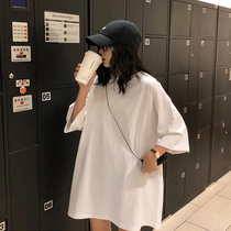 South Korea 2021 summer loose white short sleeve T-shirt female ins tide long cotton Korean version Joker half sleeve top