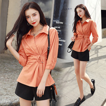 2021 summer new shirt spring and autumn shirt Western style European goods tide fashionable womens blouse temperament waist pinched waist shirt