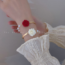 Red Rose and White Rose Pearl Flower Girlfriend Bracelet Female French Temperament Small Senior Sense Bow
