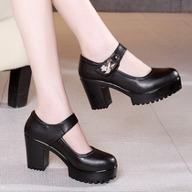  8CM new leather thick heel waterproof platform catwalk womens shoes round head rhinestone velcro comfortable cheongsam work shoes