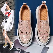 2021 Korean Spring and Autumn Leather Thick-soled Lofu Shoes Womens Muffe Leisure One Pedal Shoes Round Head Joker Loose Loose Shoes
