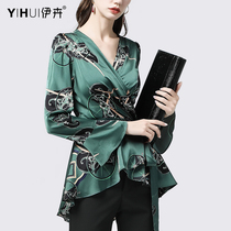 Satin Shirt Blouse Temperament Horn Long Sleeve Shirt V Collar 2021 Autumn Dress New Waist Slim Europe Station