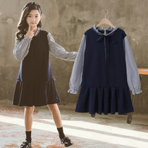 Korean girls' new spring 2021 long sleeve dress children's long pleated dress