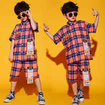 Childrens tide street dance costume children hip hop short sleeve plaid set set for boys and girls hiphop jazz dance performance