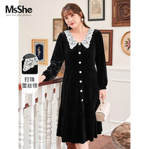 (Annual meeting shirt) MsShe large size womens fat mm autumn and winter nail beads lace V-shaped lapel velvet dress