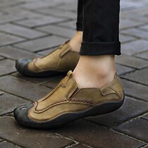 2019 autumn pure handmade mens shoes casual leather shoes Korean version youth driving shoes British slip-on shoes mens rubber sole