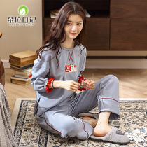 Can be worn outside the youth loungewear casual cartoon print pullover round neck tie long sleeves long pants pajamas women spring and autumn season