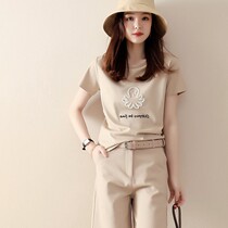 Japanese hipster ocean wind 2021 spring and summer new beige thin short sleeve cotton T-shirt coat women tide