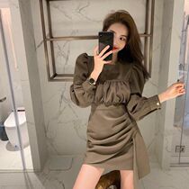 (premium) Korean version of new fashion big code one-piece dress retro temperament fake two pieces with irregular short skirts