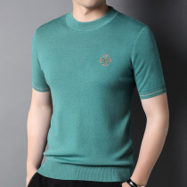 Spring and Autumn Mens Short Sleeve Knit Sweater Round Neck Embroidery Slim Fit Half Turtleneck T-Shirt Thin Section Wool Bottoming Shirt Top