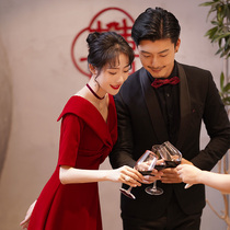 Toast service bride wine red V collar thin 2021 new wedding engagement evening dress female banquet temperament autumn and winter
