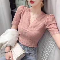 Sexy V-neck Hollow Top Women's 2021 Summer New Joker Skinny Bubble Sleeve T-Shirt Fashion Lace Shirt