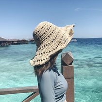 Mimoi foldable ins Wind same beach straw hat female woven hat sunshade sun protection UV hollow sun hat