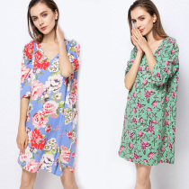 Spring Summer Modal Printed Nightdress with seven-point sleeve thin sexy V-neck pajamas plus fat plus big fat MM pajamas 200 Jin