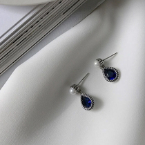 Style Elegance ~ Blue Earrings 925 Pure Silver Retro Harbor Wind Drop Shaped Ear Pendant Female Short pearl ear nail