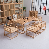Bamboo and Rattan Tea Table Kung Fu Tea Art Long Table Solid Wood Zen Tea Ceremony Furniture Modern Simple New Chinese Tea Table and Chair Combination