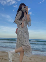 White Water Girls First Love Broken Flowers dress Dress Woman Summer Thin style Temperament Design Sensation Slim Horn Sleeve Balloon Flower long dress