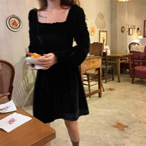 Autumn Korean version 2021 New French niche retro long sleeve velvet dress female temperament square collar A- line dress