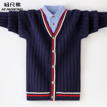 2021 sweater new knitted cardigan childrens handsome autumn and winter Korean version of wearing boys shirt collar cotton foreign style