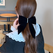 Pearl bow hairclip back of the head Net red Joker card spring clip Korean temperament black velvet hairpin female