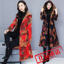 Real shot autumn and winter national wind large size cotton and hemp retro literature and art velvet thickened hooded trench coat jacket thickened warm