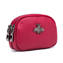 Genuine Leather Mini Wallet Woman Short of drivers license Money clip student coin bag double zipper zero money Baotou layer cow leather