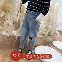  Childrens clothing 2021 girls spring new jeans thickened baby autumn and winter pants childrens Western style slim-fit trousers tide