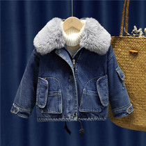 Boy denim plus velvet coat baby winter dress thickened autumn and winter tide 2020 new girls plus velvet fashion
