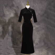 Black velvet cheongsam 2021 new modified retro Chinese style sexy catwalk long dress autumn