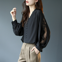 Bo Shi Li Lace Splice Shirt Shirt Autumn Black Long Sleeve Bead Top 2021 Loose Chic Shirt Female New