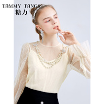 (Mall same section) Sugar spring new long sleeves flocking web yarn hood knitted harnesses two sets of blouse women