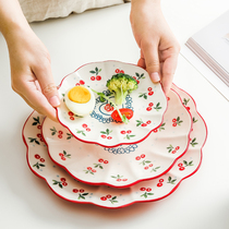 Retro hand painted cherry lace plate pastoral ceramic flat plate home dish fruit snack plate Western steak plate