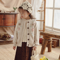 Girls INS sweater jacket childrens clothing long sleeve knitted cardigan breasted Japanese and Korean retro embroidery Joker cute foreign style