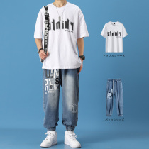 2021 new summer jeans mens thin velcro leg nine-point pants Ruffian handsome trend summer dress set