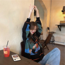 Sweater womens loose outer wear pullover lazy wind plus size thickened short new Korean student printed wool sweater