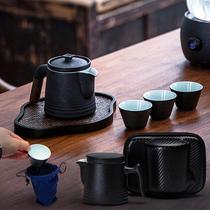 Black pottery quick cup One pot Two cups Three cups Travel tea set Portable bag Portable teapot Tea cup Japanese style